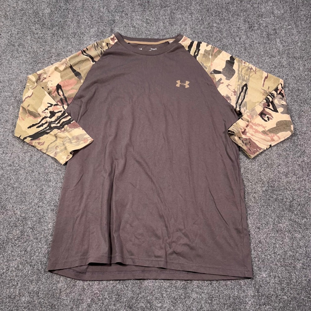 Under Armour HeatGear‎ Mens L Brown Camo Raglan Performance Hunting Shirt
